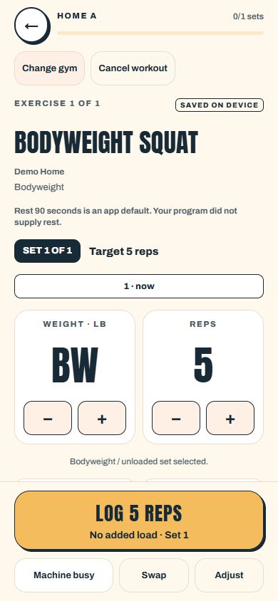 RepSumo development preview showing a bodyweight squat set with five reps selected.